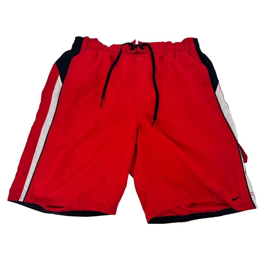 Nike Board Shorts Swim Trunks Mens Medium Red Black White Striped Cargo Pocket